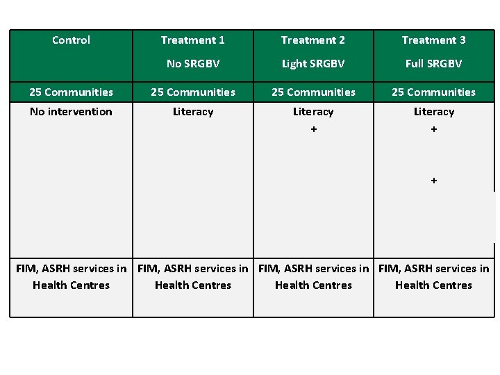 Control Treatment 1 Treatment 2 Treatment 3 No SRGBV Light SRGBV Full SRGBV 25