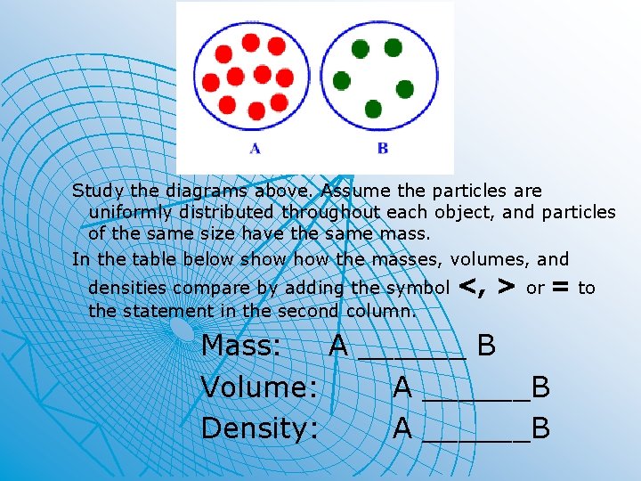 Study the diagrams above. Assume the particles are uniformly distributed throughout each object, and