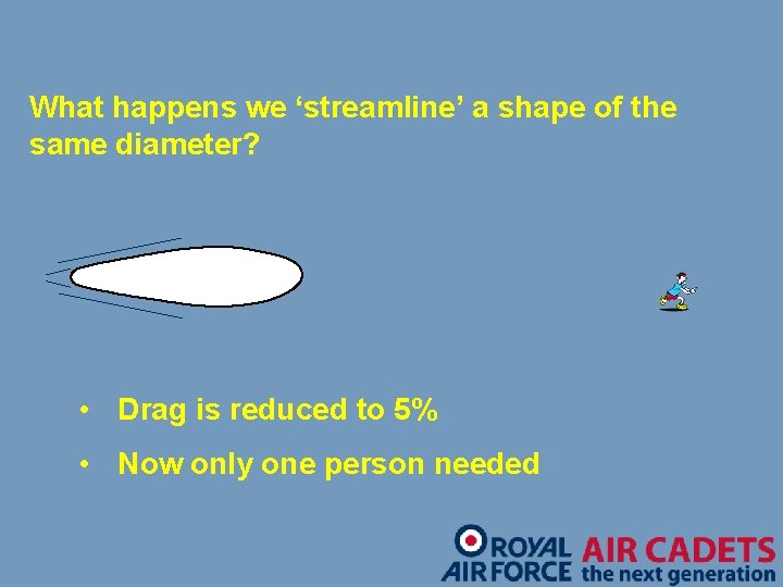 What happens we ‘streamline’ a shape of the same diameter? Airflow • Drag is