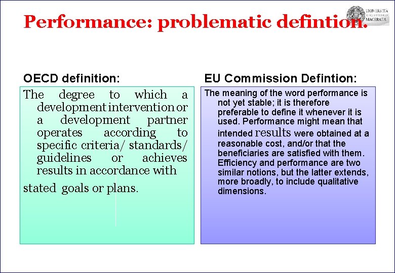 Performance: problematic defintion. OECD definition: The degree to which a development intervention or a