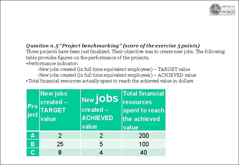 Question n. 5 “Project benchmarking” (score of the exercise 5 points) Three projects have