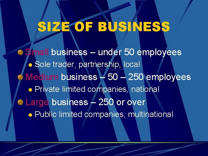 SIZE OF BUSINESS Small business – under 50 employees l Sole trader, partnership, local