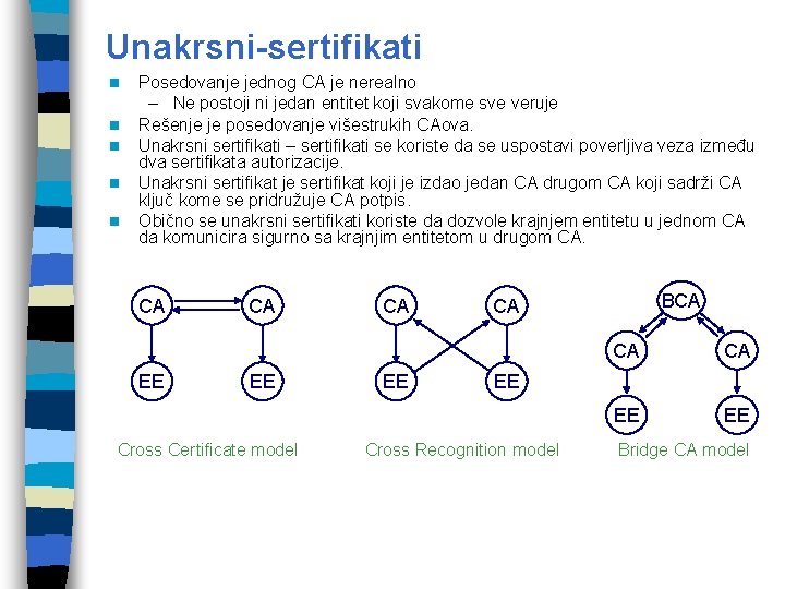 Unakrsni-sertifikati n n n Posedovanje jednog CA je nerealno – Ne postoji ni jedan