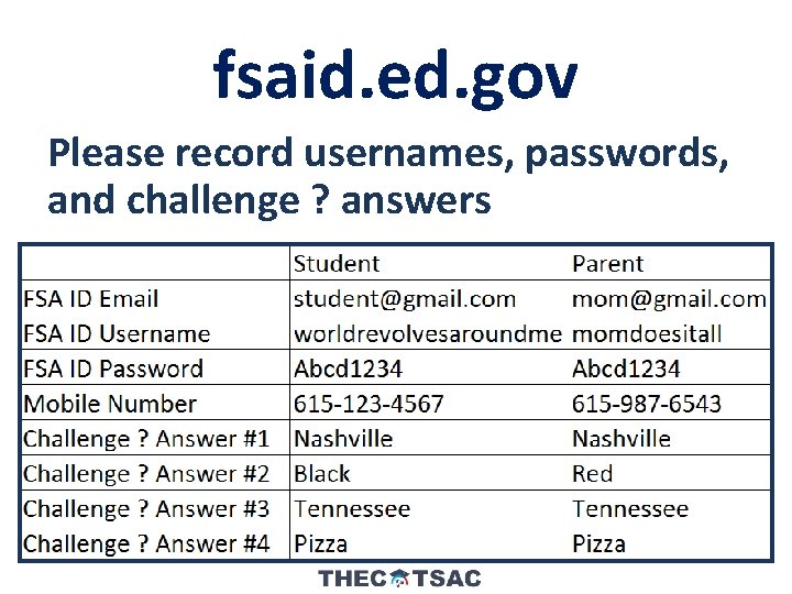 fsaid. ed. gov Please record usernames, passwords, and challenge ? answers 