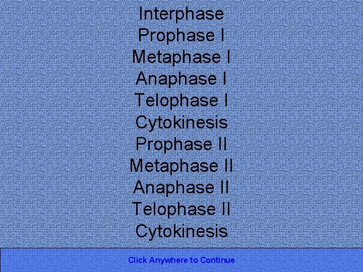 Interphase Prophase I Metaphase I Anaphase I Telophase I Cytokinesis Prophase II Metaphase II