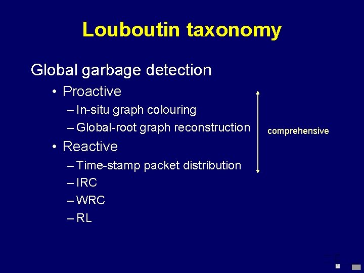 Louboutin taxonomy Global garbage detection • Proactive – In-situ graph colouring – Global-root graph