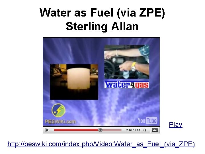 Water as Fuel (via ZPE) Sterling Allan Play http: //peswiki. com/index. php/Video: Water_as_Fuel_(via_ZPE) 
