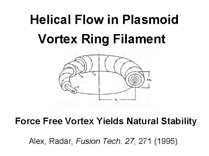 Helical Flow in Plasmoid Vortex Ring Filament Force Free Vortex Yields Natural Stability Alex,