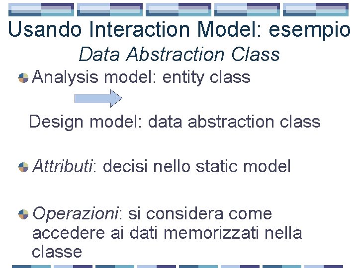 Usando Interaction Model: esempio Data Abstraction Class Analysis model: entity class Design model: data