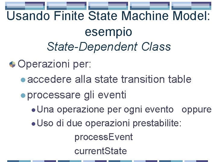 Usando Finite State Machine Model: esempio State-Dependent Class Operazioni per: l accedere alla state