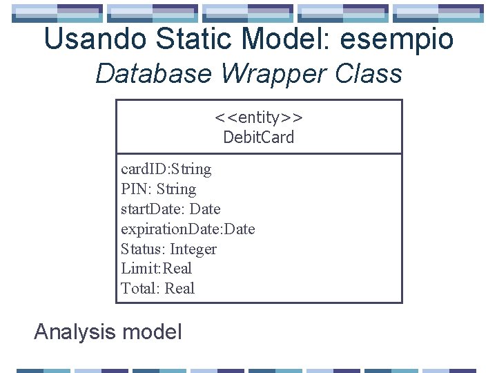 Usando Static Model: esempio Database Wrapper Class <<entity>> Debit. Card card. ID: String PIN: