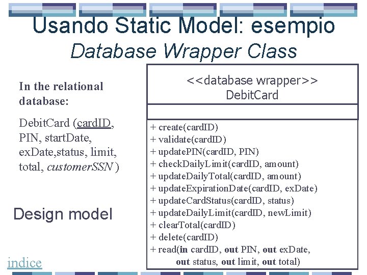 Usando Static Model: esempio Database Wrapper Class In the relational database: Debit. Card (card.