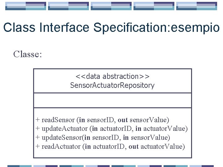 Class Interface Specification: esempio Classe: <<data abstraction>> Sensor. Actuator. Repository + read. Sensor (in
