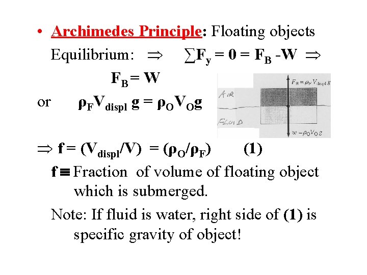  • Archimedes Principle: Floating objects Equilibrium: ∑Fy = 0 = FB -W FB