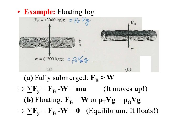  • Example: Floating log (a) Fully submerged: FB > W ∑Fy = FB