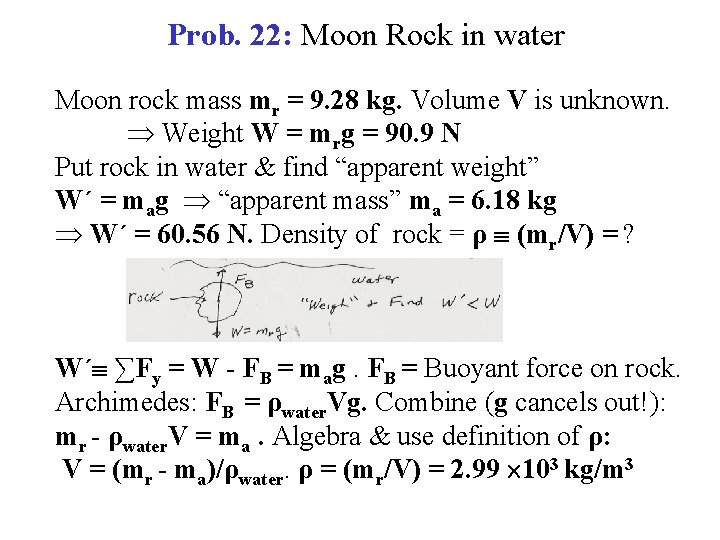 Prob. 22: Moon Rock in water Moon rock mass mr = 9. 28 kg.