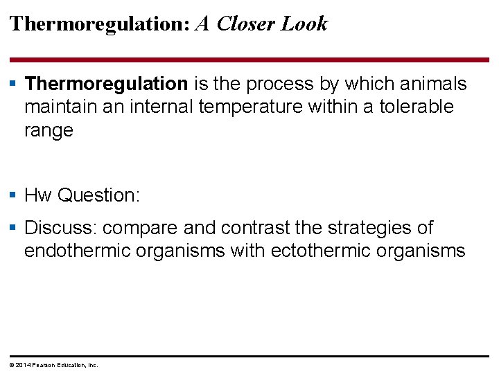 Thermoregulation: A Closer Look § Thermoregulation is the process by which animals maintain an