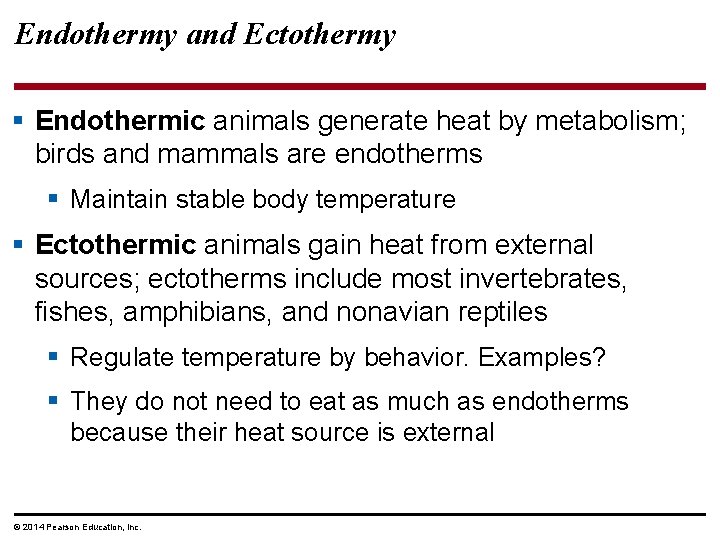 Endothermy and Ectothermy § Endothermic animals generate heat by metabolism; birds and mammals are