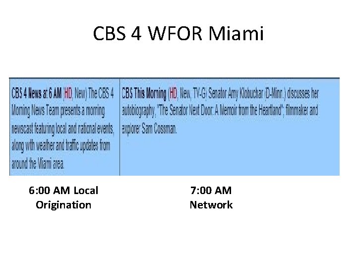 CBS 4 WFOR Miami 6: 00 AM Local Origination 7: 00 AM Network 