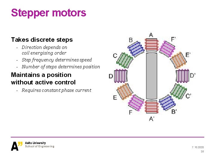 Stepper motors Takes discrete steps - Direction depends on coil energising order - Step