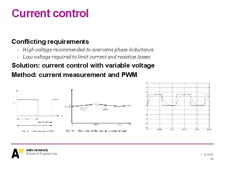 Current control Conflicting requirements - High voltage recommended to overcome phase inductance - Low