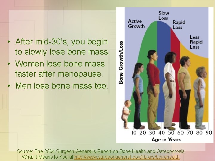  • After mid-30’s, you begin to slowly lose bone mass. • Women lose