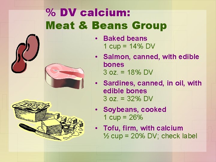% DV calcium: Meat & Beans Group • Baked beans 1 cup = 14%