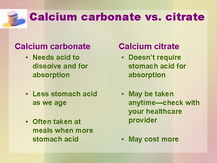 Calcium carbonate vs. citrate Calcium carbonate Calcium citrate • Needs acid to dissolve and