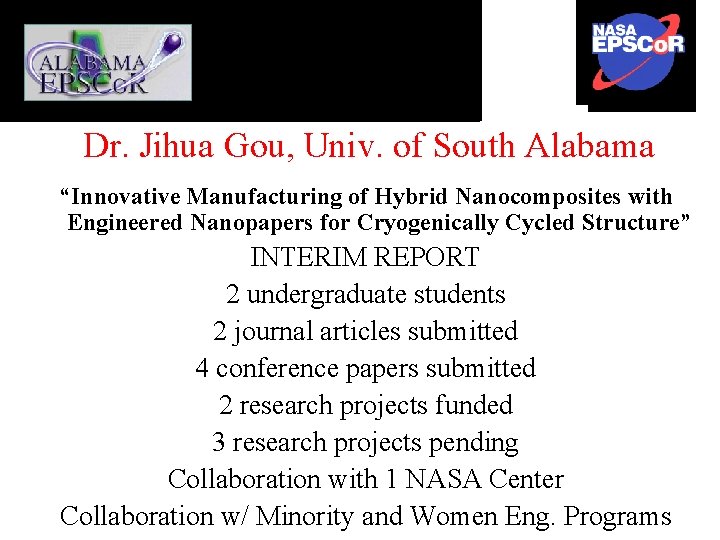 Dr. Jihua Gou, Univ. of South Alabama “Innovative Manufacturing of Hybrid Nanocomposites with Engineered