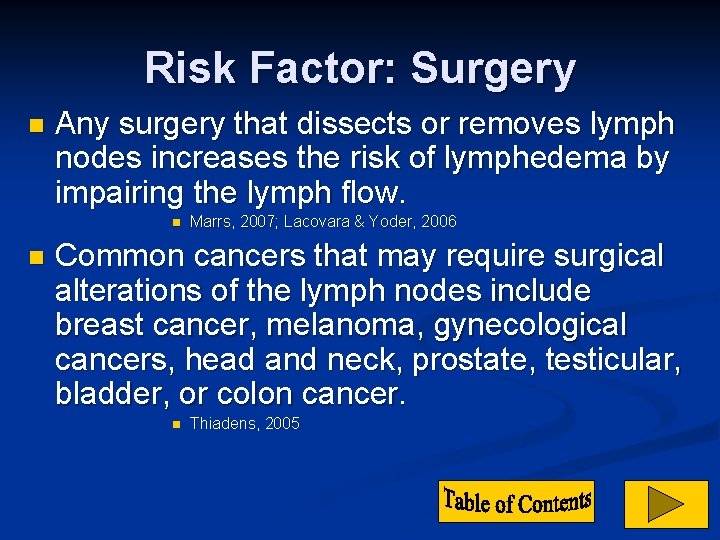 Risk Factor: Surgery n Any surgery that dissects or removes lymph nodes increases the