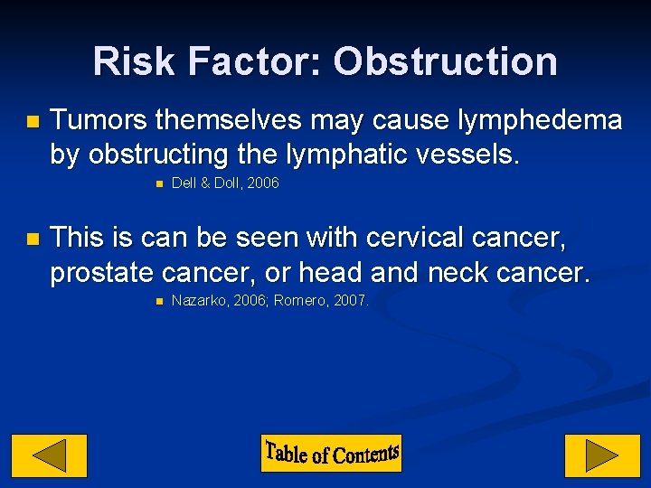 Risk Factor: Obstruction n Tumors themselves may cause lymphedema by obstructing the lymphatic vessels.