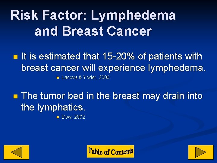 Risk Factor: Lymphedema and Breast Cancer n It is estimated that 15 -20% of