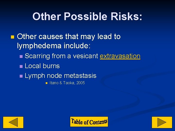 Other Possible Risks: n Other causes that may lead to lymphedema include: Scarring from
