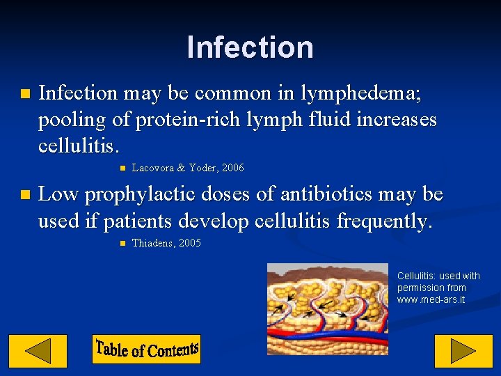 Infection n Infection may be common in lymphedema; pooling of protein-rich lymph fluid increases