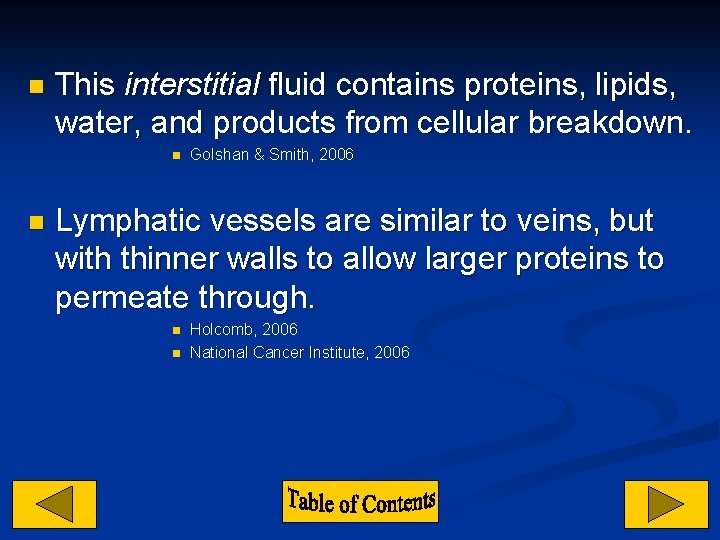 n This interstitial fluid contains proteins, lipids, water, and products from cellular breakdown. n