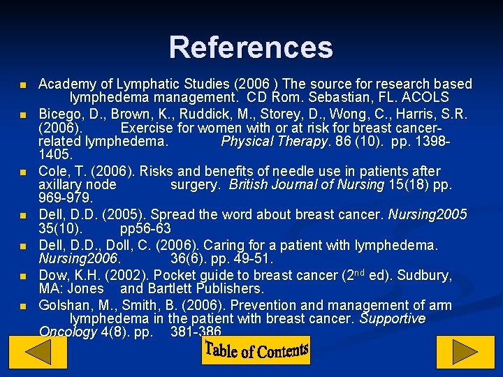 References n n n n Academy of Lymphatic Studies (2006 ) The source for