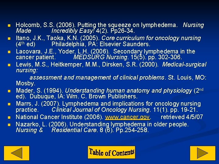 n n n n Holcomb, S. S. (2006). Putting the squeeze on lymphedema. Nursing