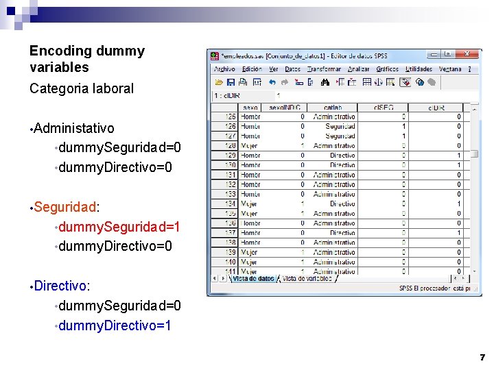 Encoding dummy variables Categoria laboral • Administativo • dummy. Seguridad=0 • dummy. Directivo=0 •