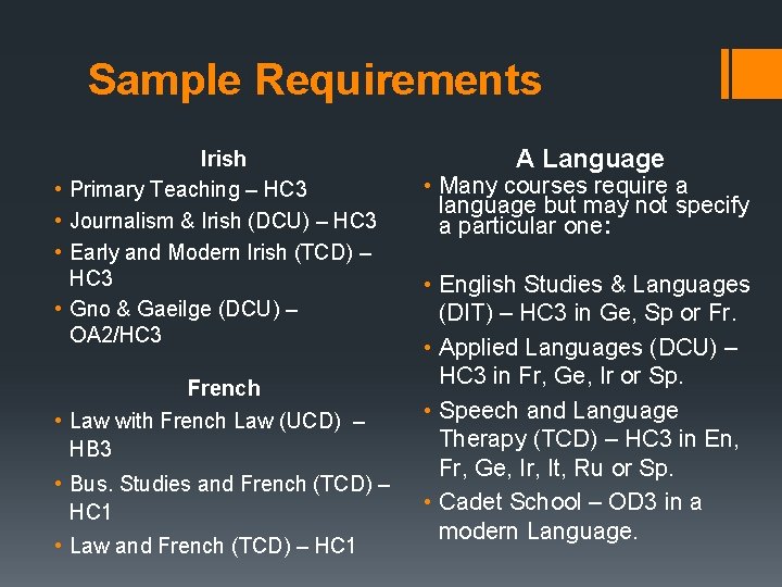 Sample Requirements • • Irish Primary Teaching – HC 3 Journalism & Irish (DCU)