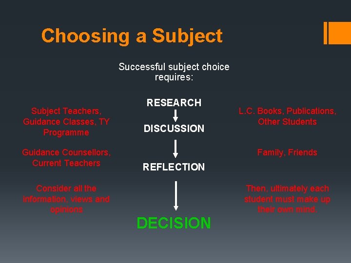 Choosing a Subject Successful subject choice requires: Subject Teachers, Guidance Classes, TY Programme Guidance