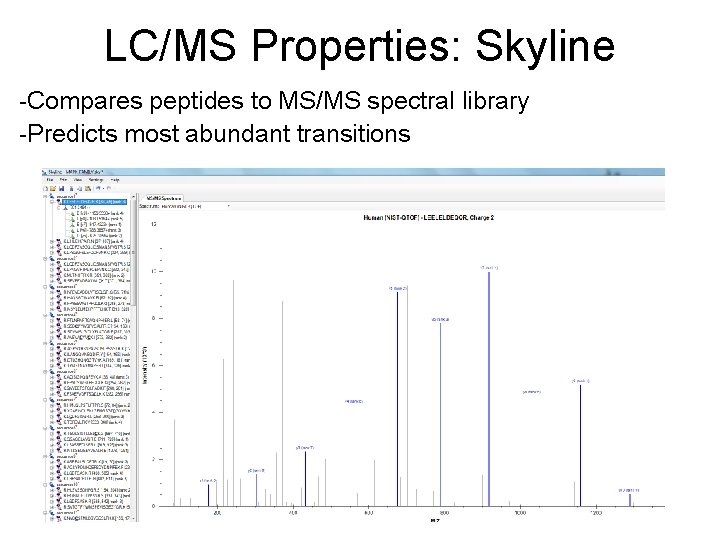 LC/MS Properties: Skyline -Compares peptides to MS/MS spectral library -Predicts most abundant transitions 