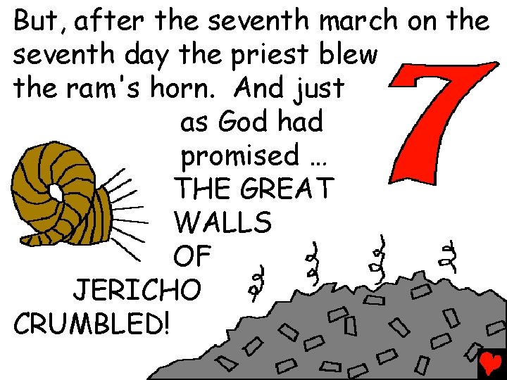 But, after the seventh march on the seventh day the priest blew the ram's