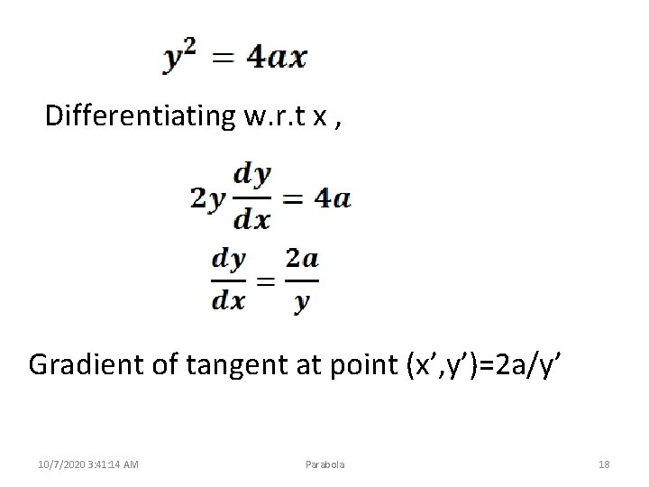Differentiating w. r. t x , Gradient of tangent at point (x’, y’)=2 a/y’