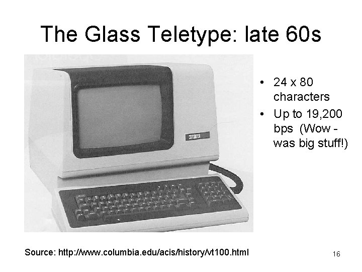 The Glass Teletype: late 60 s • 24 x 80 characters • Up to