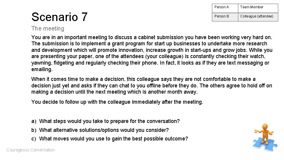 Scenario 7 Person A Team Member Person B Colleague (attendee) The meeting You are