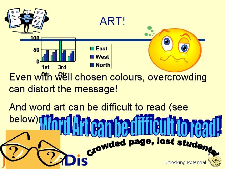 ART! Even with well chosen colours, overcrowding can distort the message! And word art