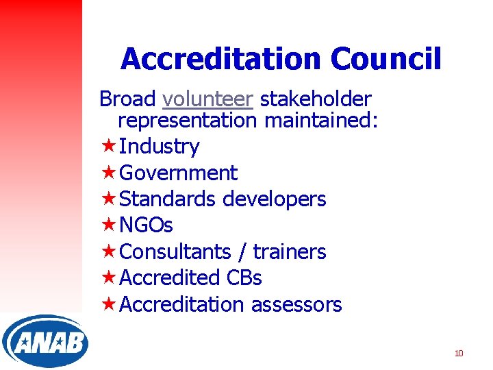 Accreditation Council Broad volunteer stakeholder representation maintained: «Industry «Government «Standards developers «NGOs «Consultants /