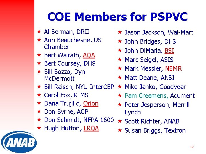 COE Members for PSPVC « Al Berman, DRII « Ann Beauchesne, US Chamber «