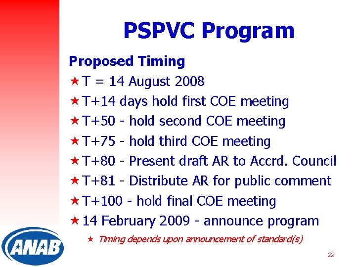 PSPVC Program Proposed Timing « T = 14 August 2008 « T+14 days hold