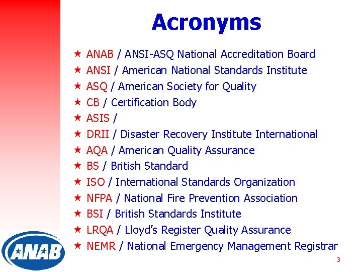 Acronyms « « « « ANAB / ANSI-ASQ National Accreditation Board ANSI / American